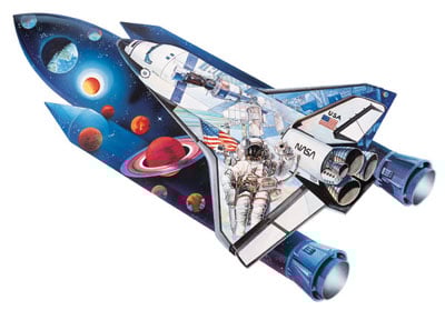 space shuttle shaped jigsaw puzzle, art by gerold como, 1000 pieces shaped puzzle spaceshuttle