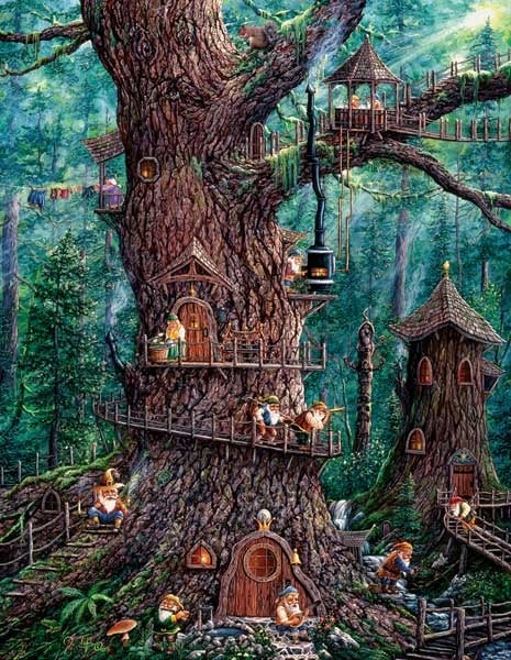 Forest Gnomes painted by Jeff Tift 1000 piece jigsaw puzzle manufactured by suns out forest-gnomes-sunsout