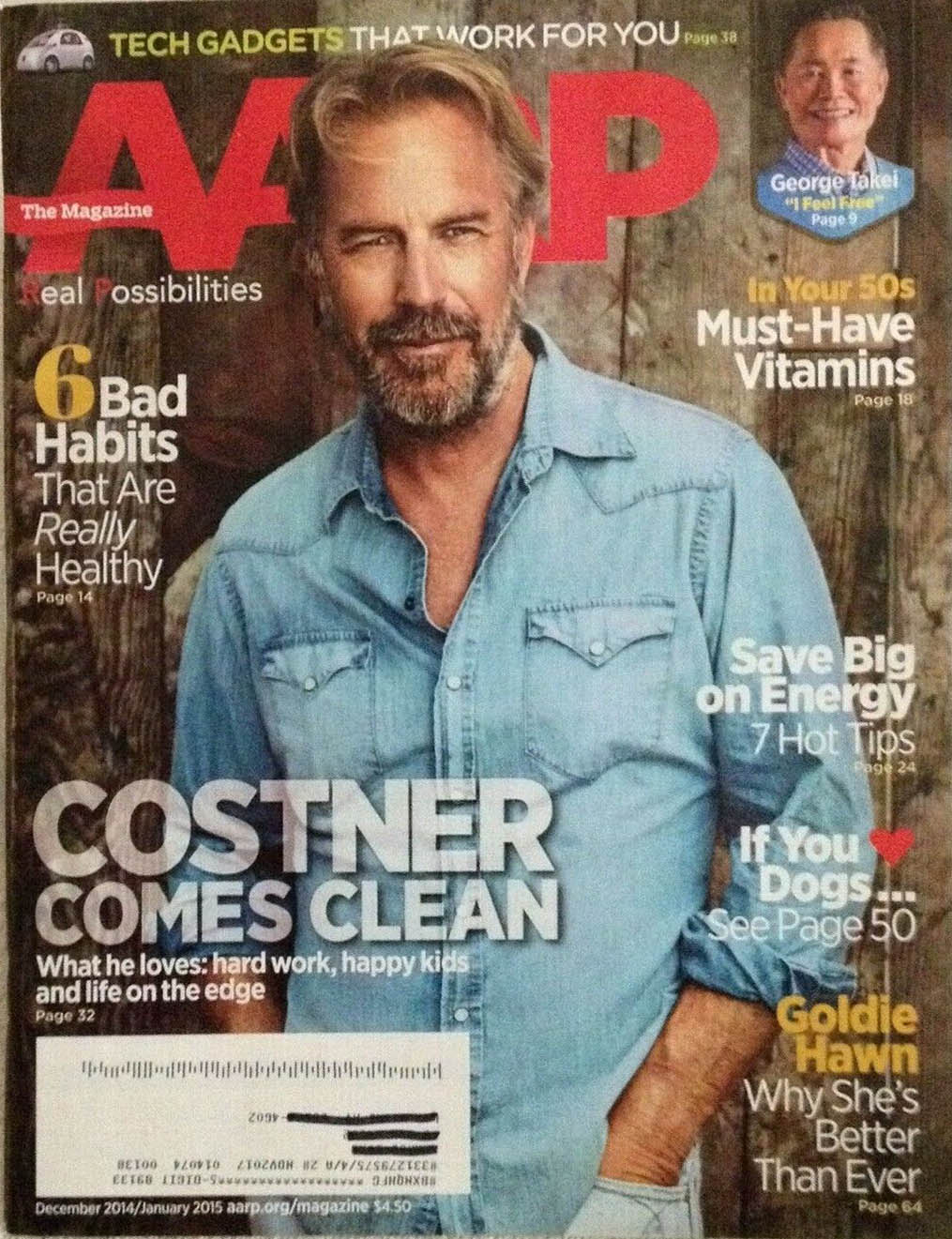 AARP January/December 2015, , Costner Comes Clean What He Loves