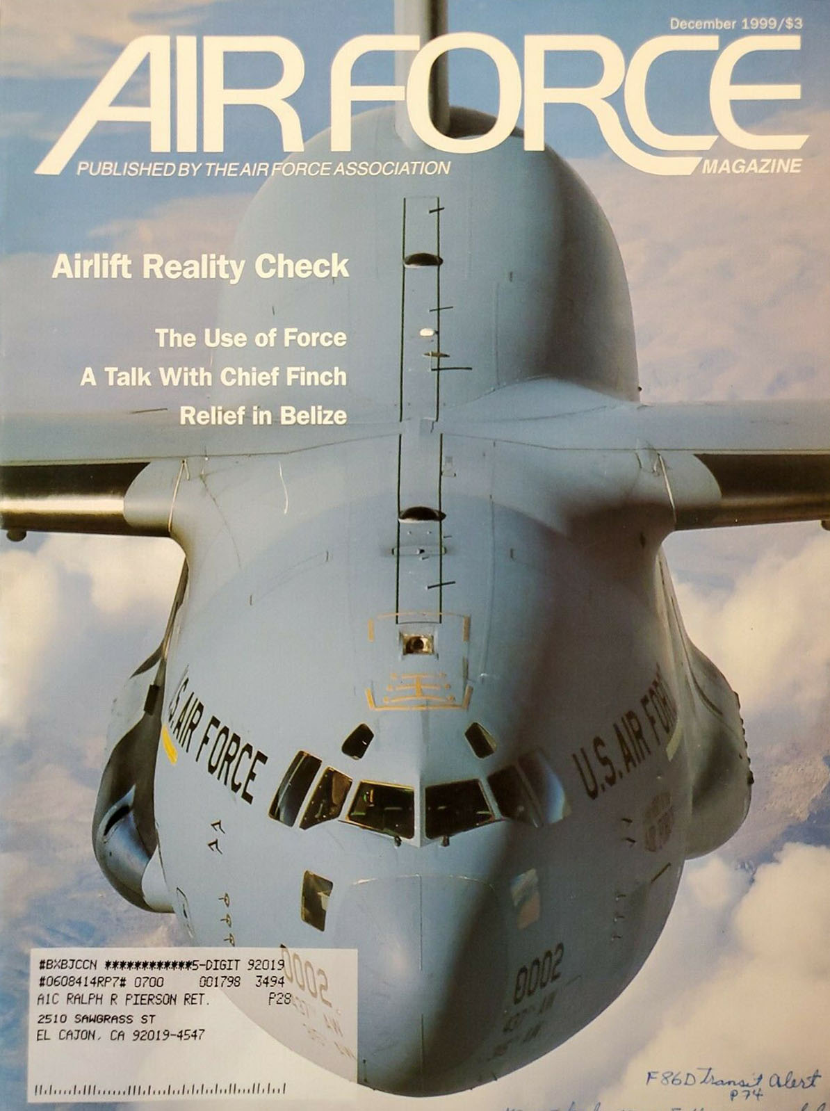 Air Force December 1999 magazine back issue Air Force magizine back copy 