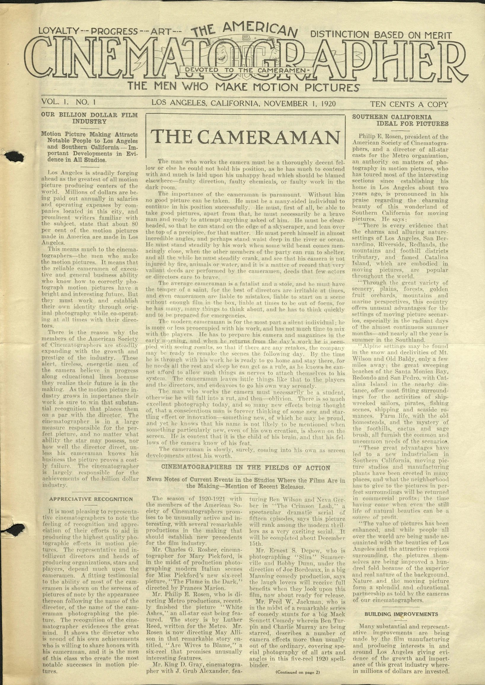 American Cinematographer November 1, 1920, Premiere
