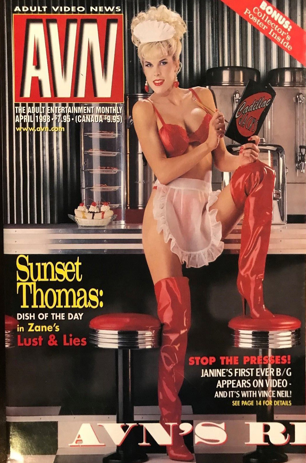 AVN April 1998 magazine back issue AVN (Adult Video News) magizine back copy sunset thomas janine's first ever b/g apears on video and it's with vince neil dish of the day in za