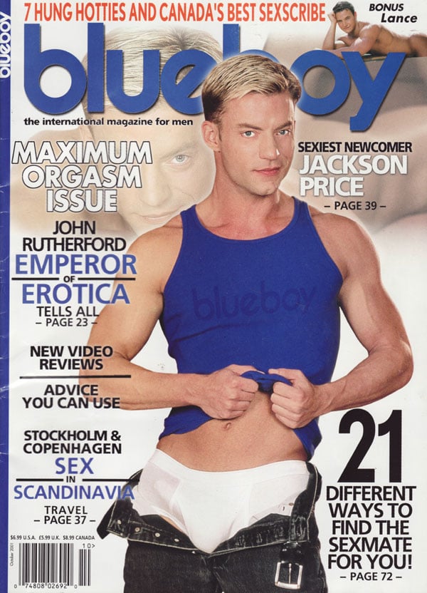 Blueboy October 2001 magazine back issue Blueboy magizine back copy maximum orgasm issue john rutherford emperor of erotica jakson price 7 hung hotties and canadas best