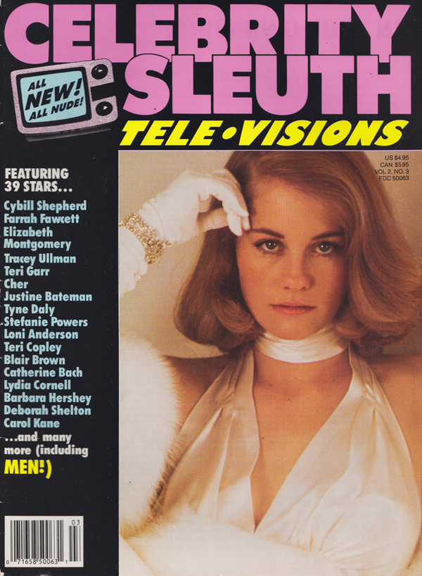 Celebrity Sleuth Vol. 2 # 3, Tele-Visions magazine back issue Celebrity Sleuth by Volume magizine back copy Cher, Farrah Fawcett, Loni Anderson, Tracey Ullman,Cybill Shepard,ROBIN WILLIAMS,JUDY CARNE