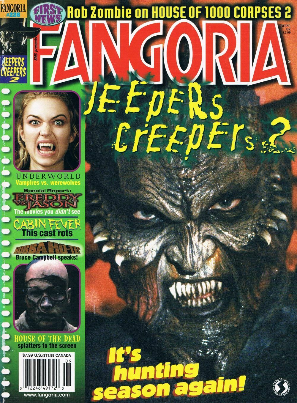 Fangoria # 226, September 2003 magazine back issue Fangoria magizine back copy 