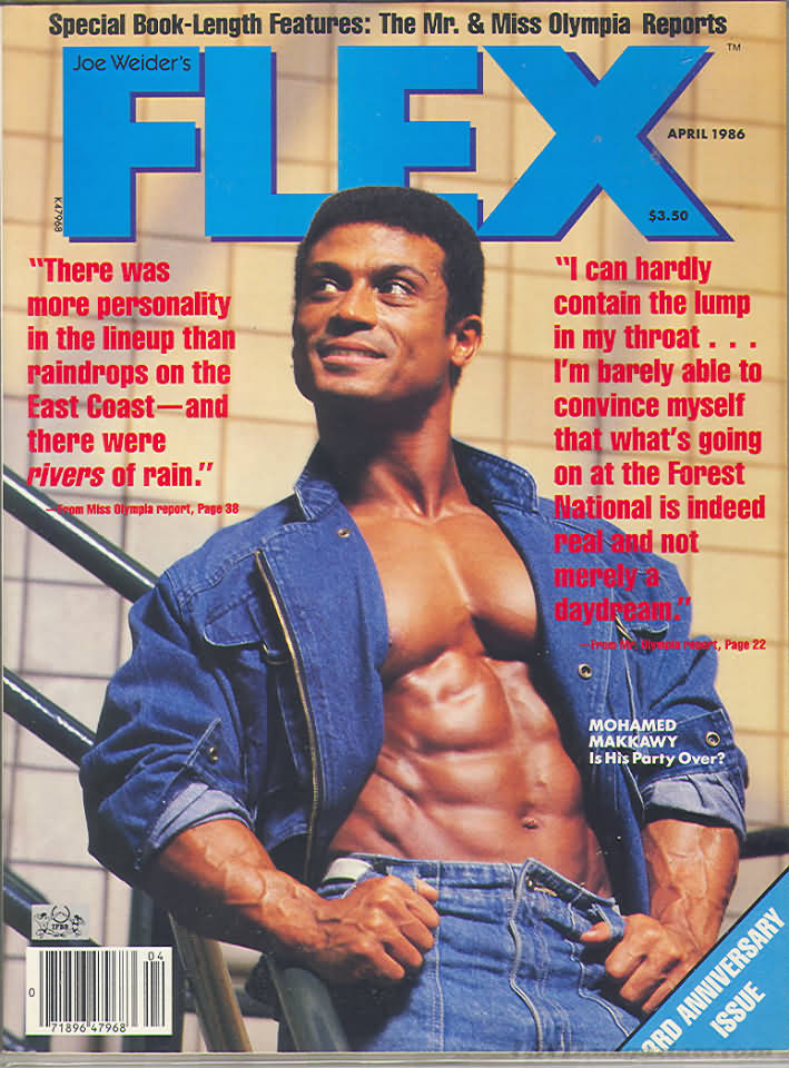 Flex April 1986 magazine back issue Flex magizine back copy Flex April 1986 Bodybuilding Magazine Back Issue Published by American Media in New York City. Special Book-Length Features: The Mr. & Miss Olympia Reports.