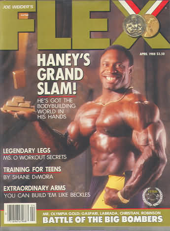 Flex April 1988 magazine back issue Flex magizine back copy Flex April 1988 Bodybuilding Magazine Back Issue Published by American Media in New York City. Haney's Grand Slam!.