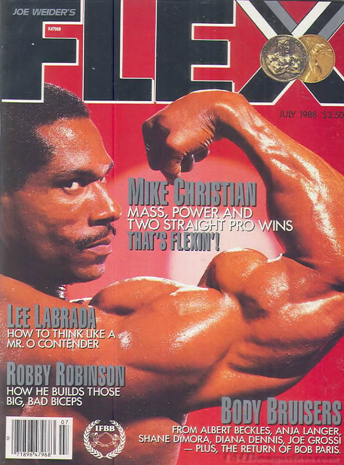 Flex July 1988 magazine back issue Flex magizine back copy Flex July 1988 Bodybuilding Magazine Back Issue Published by American Media in New York City. Mike Christian Mass, Power And Two Straight Pro Wins That's Flexin!.