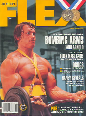 Flex June 1989 magazine back issue Flex magizine back copy Flex June 1989 Bodybuilding Magazine Back Issue Published by American Media in New York City. A Page From History Bombing Arms With Arnold.