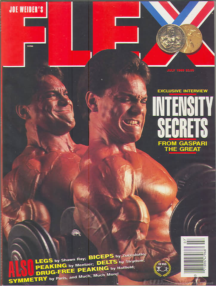 Flex July 1989 magazine back issue Flex magizine back copy Flex July 1989 Bodybuilding Magazine Back Issue Published by American Media in New York City. Exclusive Interview Intensity Secrets From Gaspari The Great.
