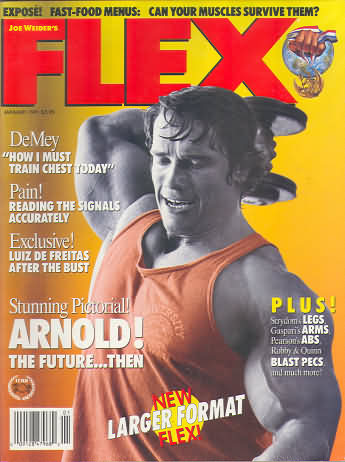 Flex January 1991 magazine back issue Flex magizine back copy Flex January 1991 Bodybuilding Magazine Back Issue Published by American Media in New York City. Covergirl Arnold Schwarzenegger.