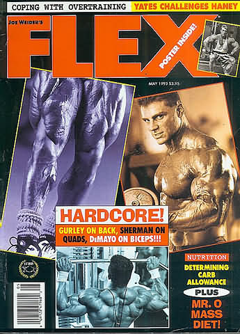 Flex May 1993 magazine back issue Flex magizine back copy Flex May 1993 Bodybuilding Magazine Back Issue Published by American Media in New York City. Coping With Overtraining Yates Challenges Haney.