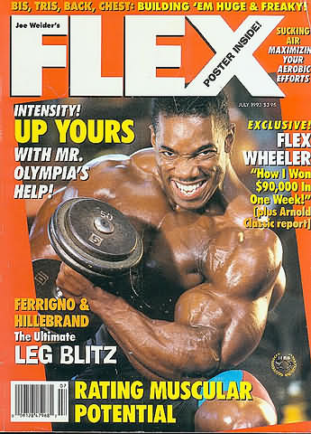 Flex July 1993 magazine back issue Flex magizine back copy Flex July 1993 Bodybuilding Magazine Back Issue Published by American Media in New York City. B15, Tris, Back, Chest: Building 'Em Huge & Freaky!.