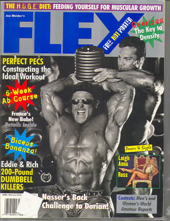 Flex April 1996 magazine back issue Flex magizine back copy Flex April 1996 Bodybuilding Magazine Back Issue Published by American Media in New York City. The H.U.G.E. Diet; Feeding Yourself For Muscular  Growth.