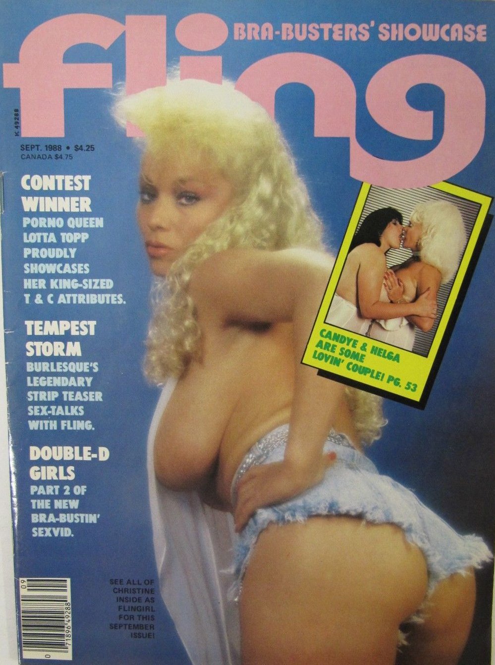 Fling September 1988 magazine back issue Fling magizine back copy Fling September 1988 Bra Busters Showcase Adult Magazine Back Issue Dedicated to Big Breast Lovers. Contest Winner Porno Queen Lotta Topp Proudly Showcases Her King-Sized T&C Attributes..