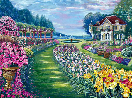 fernando agudelos paradise garden painting as an FX schmid 1000 piece jigsaw puzzle paradisegarden