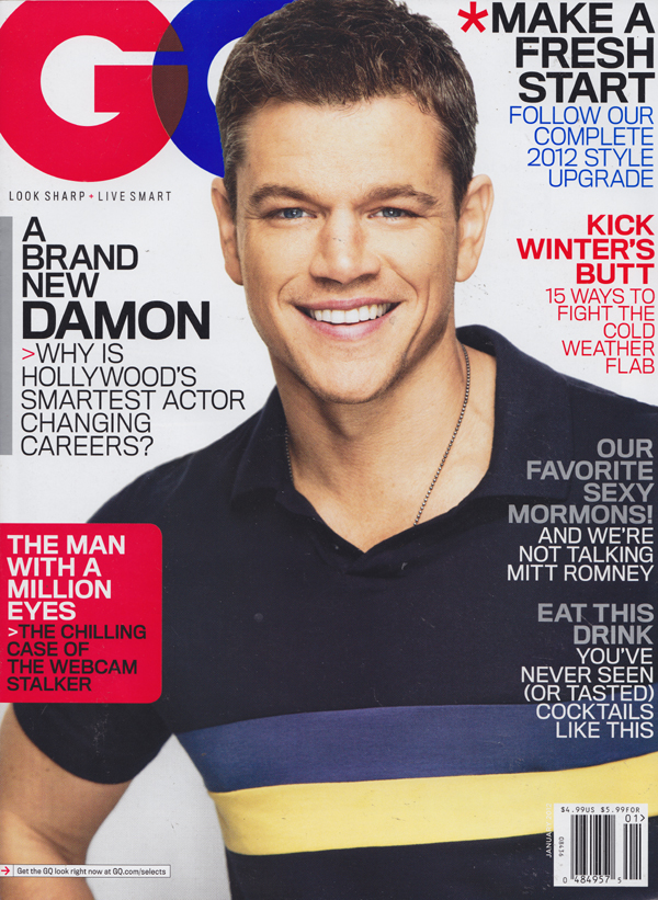 GQ January 2012 magazine back issue GQ magizine back copy Matt Damon,Complete 2012 Style Upgrade,15 Ways to Fight the Cold Weather Flab,Favorite Sexy Mormons