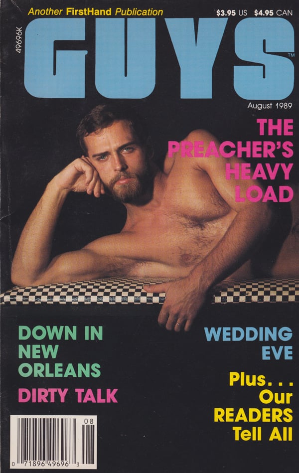 Guys August 1989 magazine back issue Guys magizine back copy Dirty Talk,Down in New Orleans,Wedding Eve,Preacher's Heavy Load.first hand, GAY SHOWBIZ CELEBS 