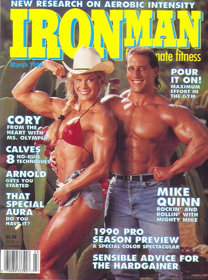 Ironman March 1990 magazine back issue Ironman magizine back copy Ironman March 1990 American magazine Back Issue about bodybuilding, weightlifting, and powerlifting. Published by Iron Man Publishing. Covergirl Mike Quinn.