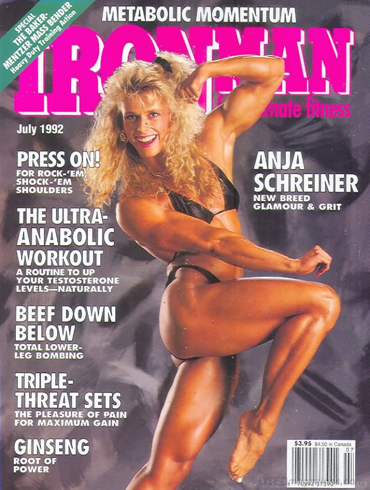 Ironman July 1992 magazine back issue Ironman magizine back copy Ironman July 1992 American magazine Back Issue about bodybuilding, weightlifting, and powerlifting. Published by Iron Man Publishing. Covergirl Anja Schreiner.