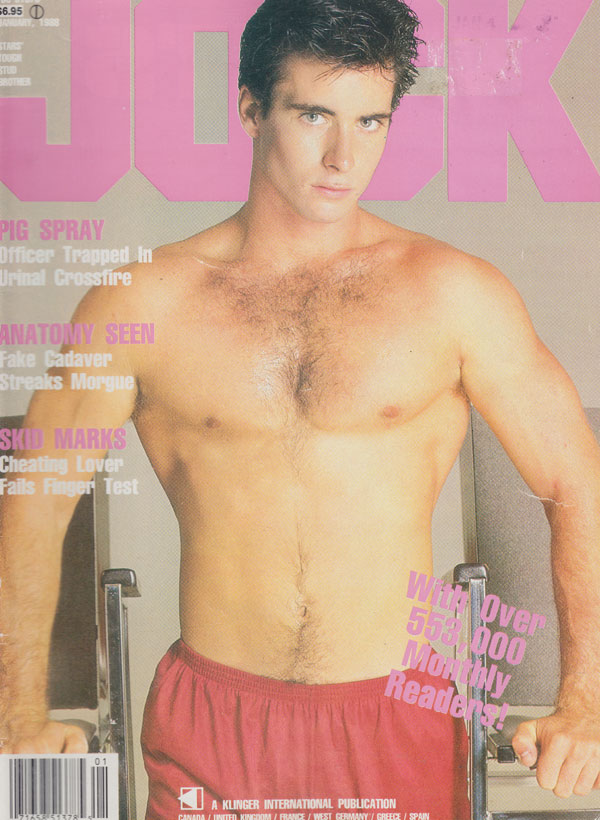 Jock January 1988, jock xxx gay porn magazine back issues hot horny hung men huge cocks bulging muscles buff dudes tigh, Pig Spray: Officer Trapped In Urinal Crossfire
