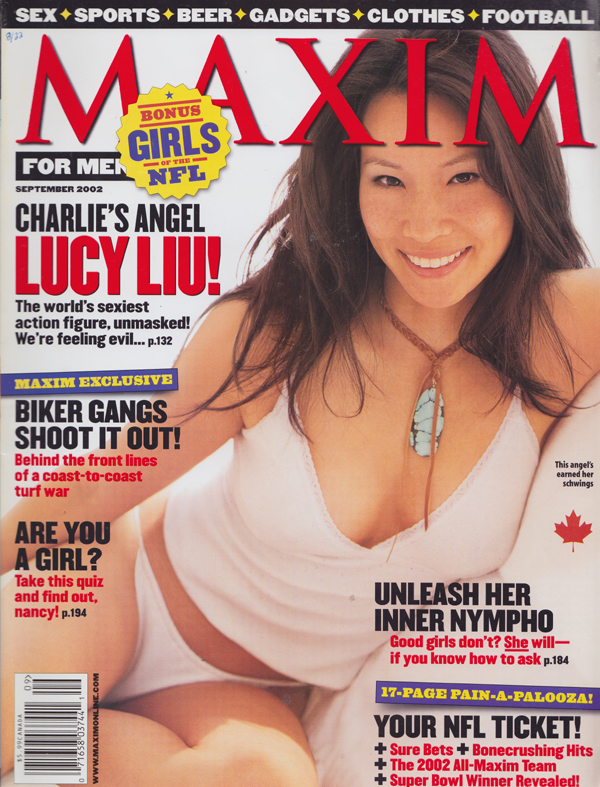 Maxim # 57 - September 2002 magazine back issue Maxim magizine back copy Lucy Liu, Sex-Sports-Beer-Gadgets-Clothes-Football, Unleash Her Inner Nympho,Biker Gangs Shoot It Ou
