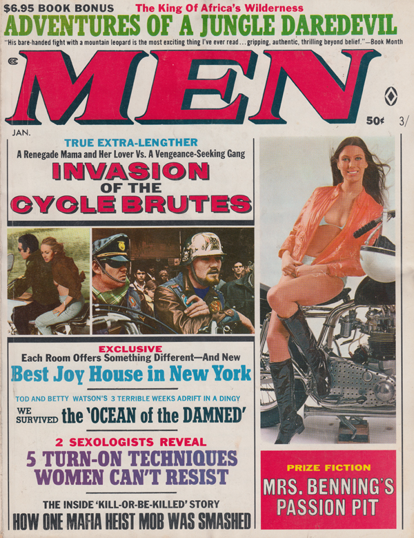 Men January 1970 magazine back issue Men magizine back copy adventures of a jungle daredevil invasion of the cycle brutes mrs bennings passion pit best joy hous