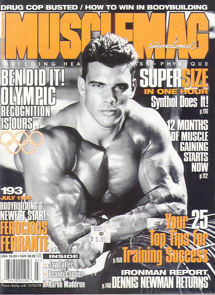 Muscle Mag July 1998 magazine back issue Muscle Mag magizine back copy Muscle Mag July 1998 Bodybuilding and Fitness Magazine Back Issue Published by Canadian Robert Kennedy and Founded in 1974. Supersize In One Hour Synthol Does It!.