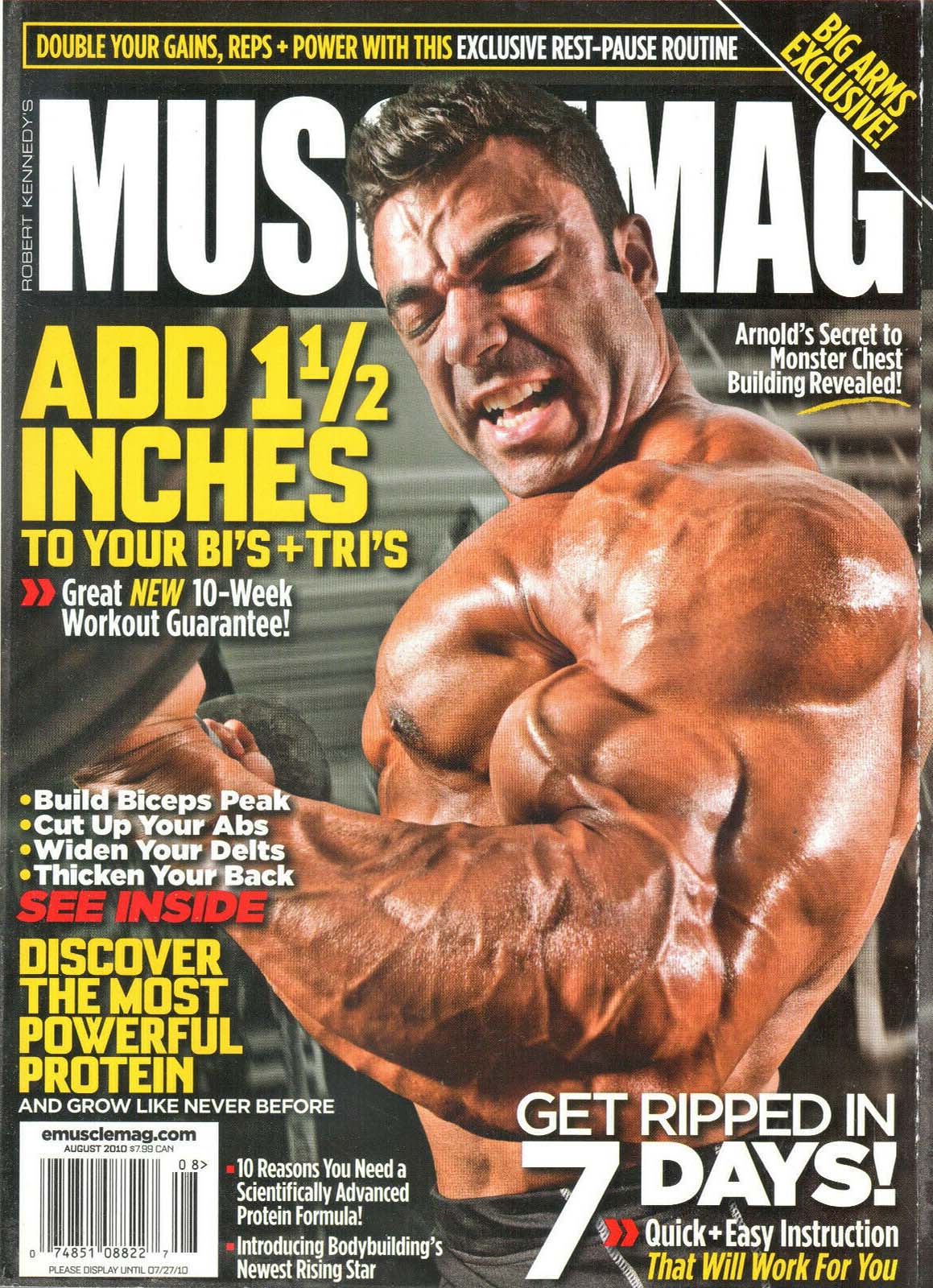 Muscle Mag August 2010 magazine back issue Muscle Mag magizine back copy Muscle Mag August 2010 Bodybuilding and Fitness Magazine Back Issue Published by Canadian Robert Kennedy and Founded in 1974. Double Your Gains, Reps + Power With This Exclusive Rest - Pause Routine.