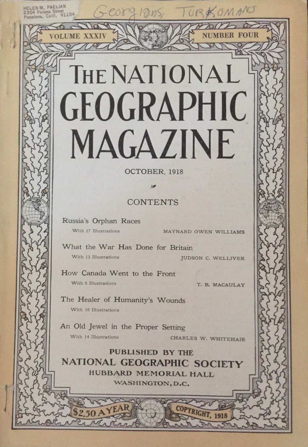 National Geographic October 1918 magazine back issue National Geographic magizine back copy National Geographic October 1918 Nat Geo Magazine Back Issue Published by the National Geographic Society. Russia's Orphan Races.