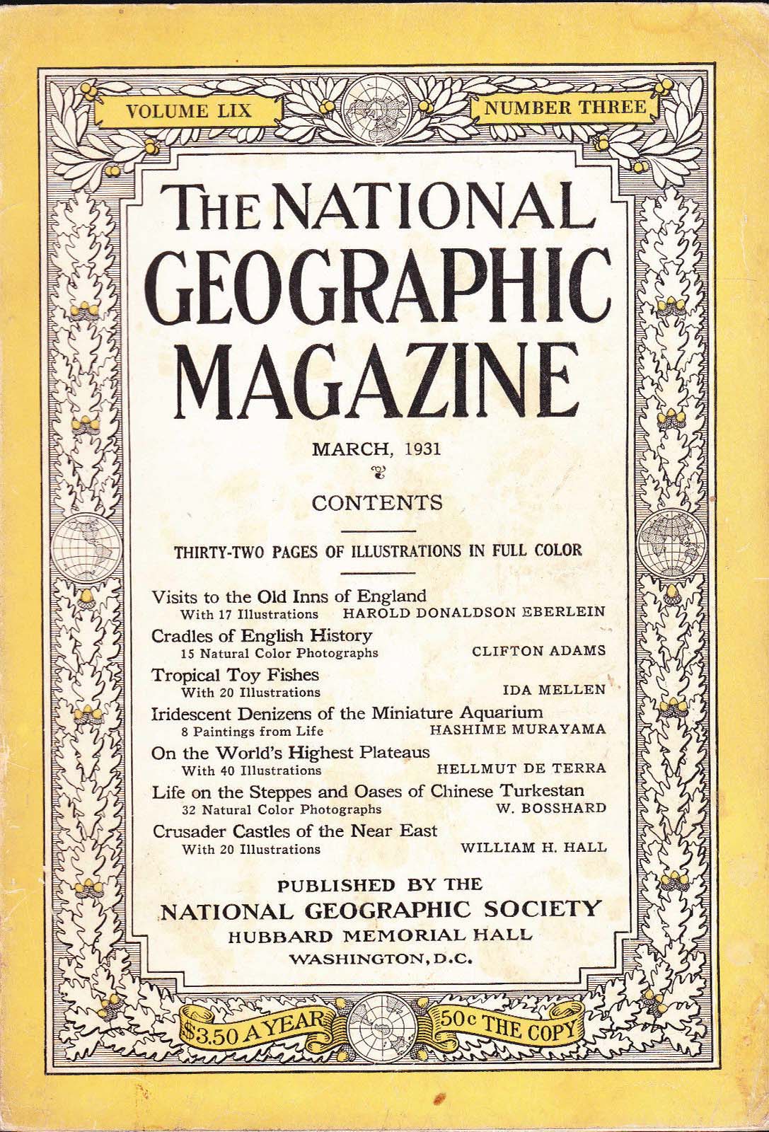 National Geographic March 1931 magazine back issue National Geographic magizine back copy National Geographic March 1931 Nat Geo Magazine Back Issue Published by the National Geographic Society. Visits To The Old Inns Of England With 17 Illustrations Harold Donaldson Eberlein.