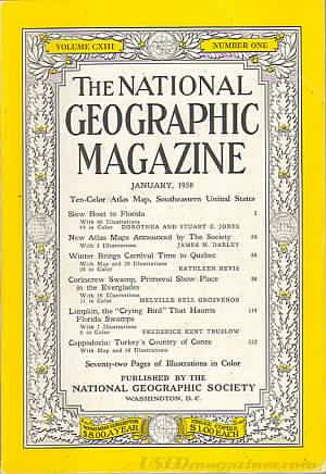 National Geographic January 1958 magazine back issue National Geographic magizine back copy National Geographic January 1958 Nat Geo Magazine Back Issue Published by the National Geographic Society. Ten-Celar Atlas Map, Southern Sales Unizal State.