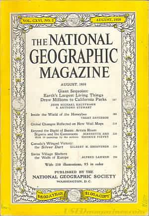 National Geographic August 1959 magazine back issue National Geographic magizine back copy National Geographic August 1959 Nat Geo Magazine Back Issue Published by the National Geographic Society. Giant Sequoias: Earth's Largest Living Things.