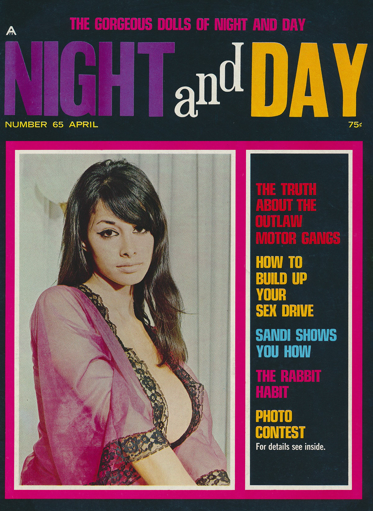 Night & Day # 65, April 1969 magazine back issue Night and Day magizine back copy joyce gibson nude the truth about the outlaw motor gangs arlene bell naked