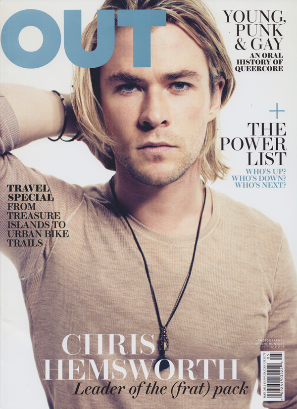 Out # 214, May 2012 magazine back issue Out magizine back copy Chris Hemsworth,Treasure Island to Urban Bike trails,terms with being gay,Adonis on the beach 