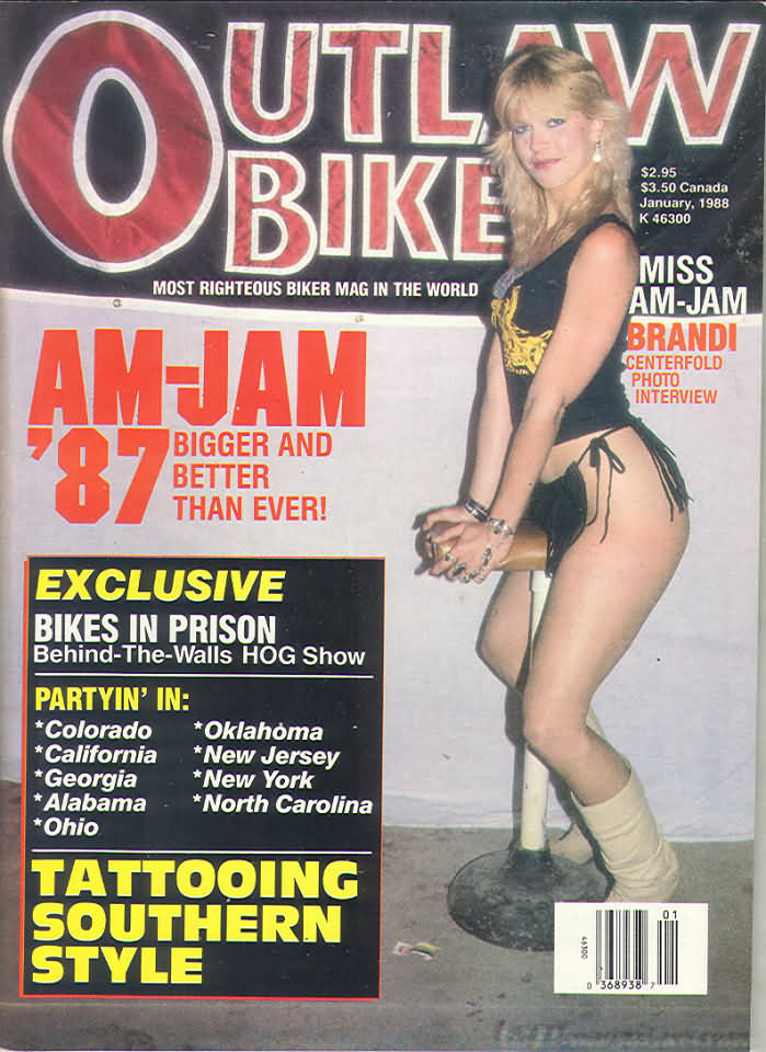 Outlaw Biker January 1988 magazine back issue Outlaw Biker magizine back copy Outlaw Biker January 1988 Magazine Back Issue for Bike Riding Rebels and Members of Outlaw Motorcycle Clubs. Miss Am-Jam Brandi Centerfold Photo Interview.