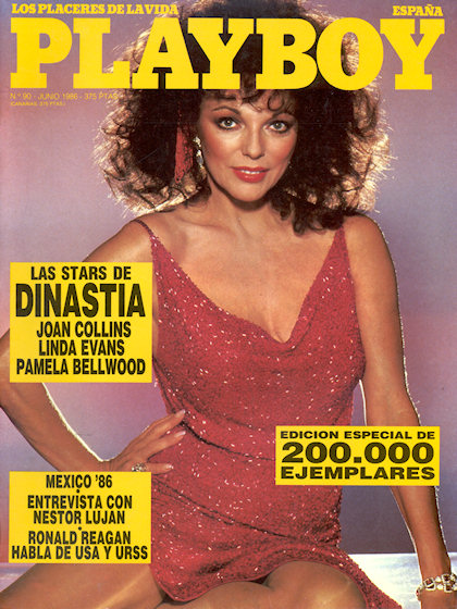 Playboy (Spain) June 1986 magazine back issue Playboy (Spain) magizine back copy Playboy (Spain) magazine June 1986 cover image, with Joan Collins on the cover of the magazine