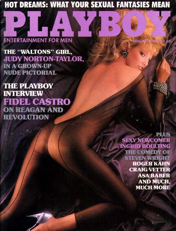 Playboy August 1985 magazine back issue Playboy (USA) magizine back copy PlayboysCovergirl KathyShower posesnaked for StephenWayda