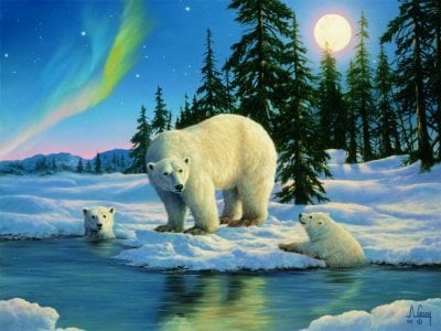 Flourescent Glow in the Dark Jigsaw Puzzle of Polar Bears by Ravensburger Games # 160822 polarbearsglowinthedark