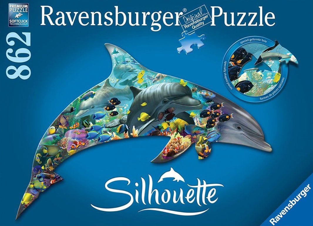 Dolphin World Silhouette, 862 Piece Jigsaw Puzzle Made by Ravensburger, Family of Dolphins Artistic Illustration 1000 Piece Jigsaw Puzzle by Ravensburger Puzzles Germany, 862 Piece Jigsaw Puzzle Manufactured by Ravensburger