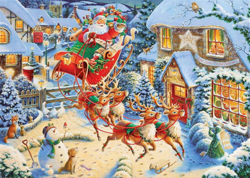 Roy Trower Artist Santas sleigh ride visit christmas Ravenbsurger JigsawPuzzles thousand pieces jigs santas-sleigh-ride