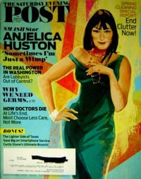Anjelica Huston magazine cover appearance Saturday Evening Post March/April 2013
