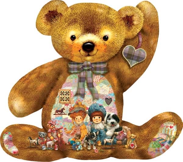 quilted teddy painted by Giordano Studios 1000 piece shaped jigsaw puzzle manufactured by suns out quilted-teddy-sunsout