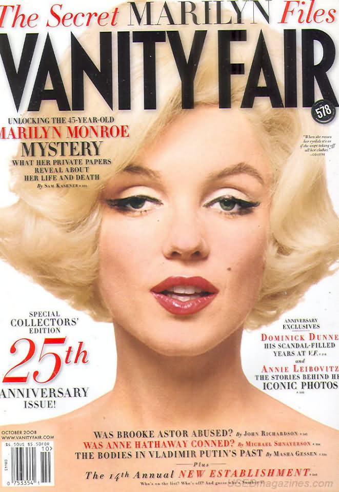 Vanity Fair October 2008 magazine back issue Vanity Fair magizine back copy Vanity Fair October 2008 Fashion Popular Culture Magazine Back Issue Published by Conde Nast Publishing Group. Unlocking The 45-Year-Old Marilyn Monroe Mystery .