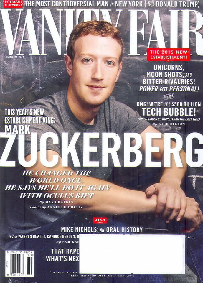 Vanity Fair October 2015 magazine back issue Vanity Fair magizine back copy Vanity Fair October 2015 Fashion Popular Culture Magazine Back Issue Published by Conde Nast Publishing Group. Covergirl Mark Zuckerberg.